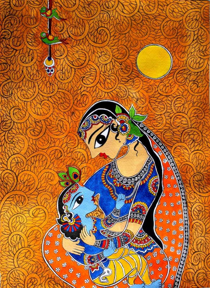 Madhubani painting showing Baby Lord Krishna and mother Yashoda 